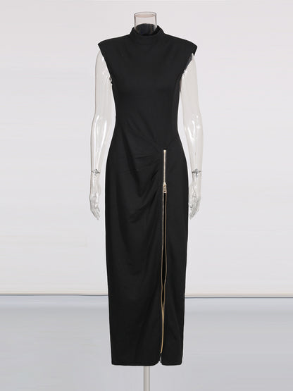 Black Maxi Dress with Gold Zipper & High Neck Detail