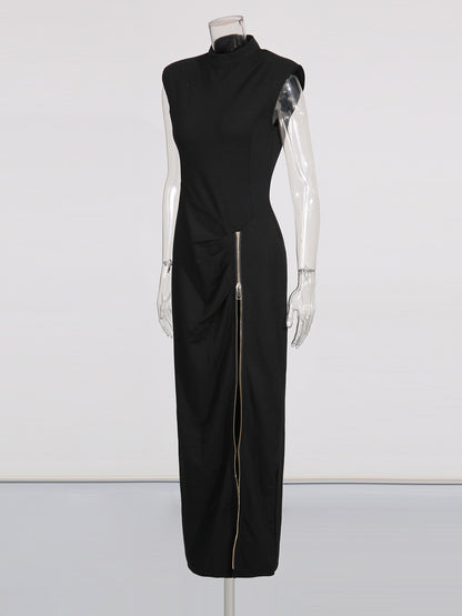 Black Maxi Dress with Gold Zipper & High Neck Detail