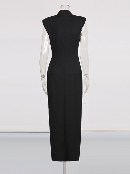 Black Maxi Dress with Gold Zipper & High Neck Detail