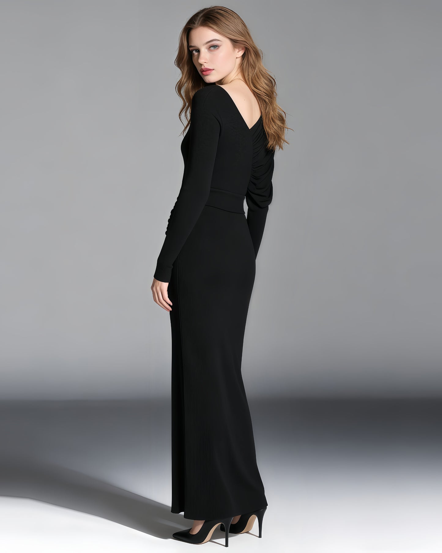 Black Maxi Dress with Ruched Shoulder & V-Neck