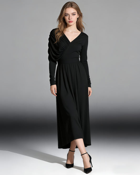 Black Maxi Dress with Ruched Shoulder & V-Neck