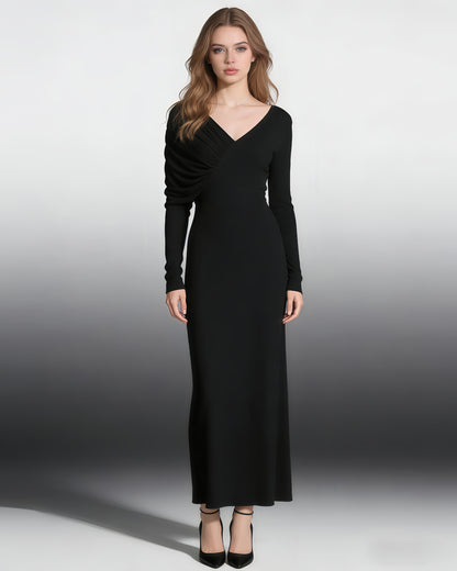 Black Maxi Dress with Ruched Shoulder & V-Neck