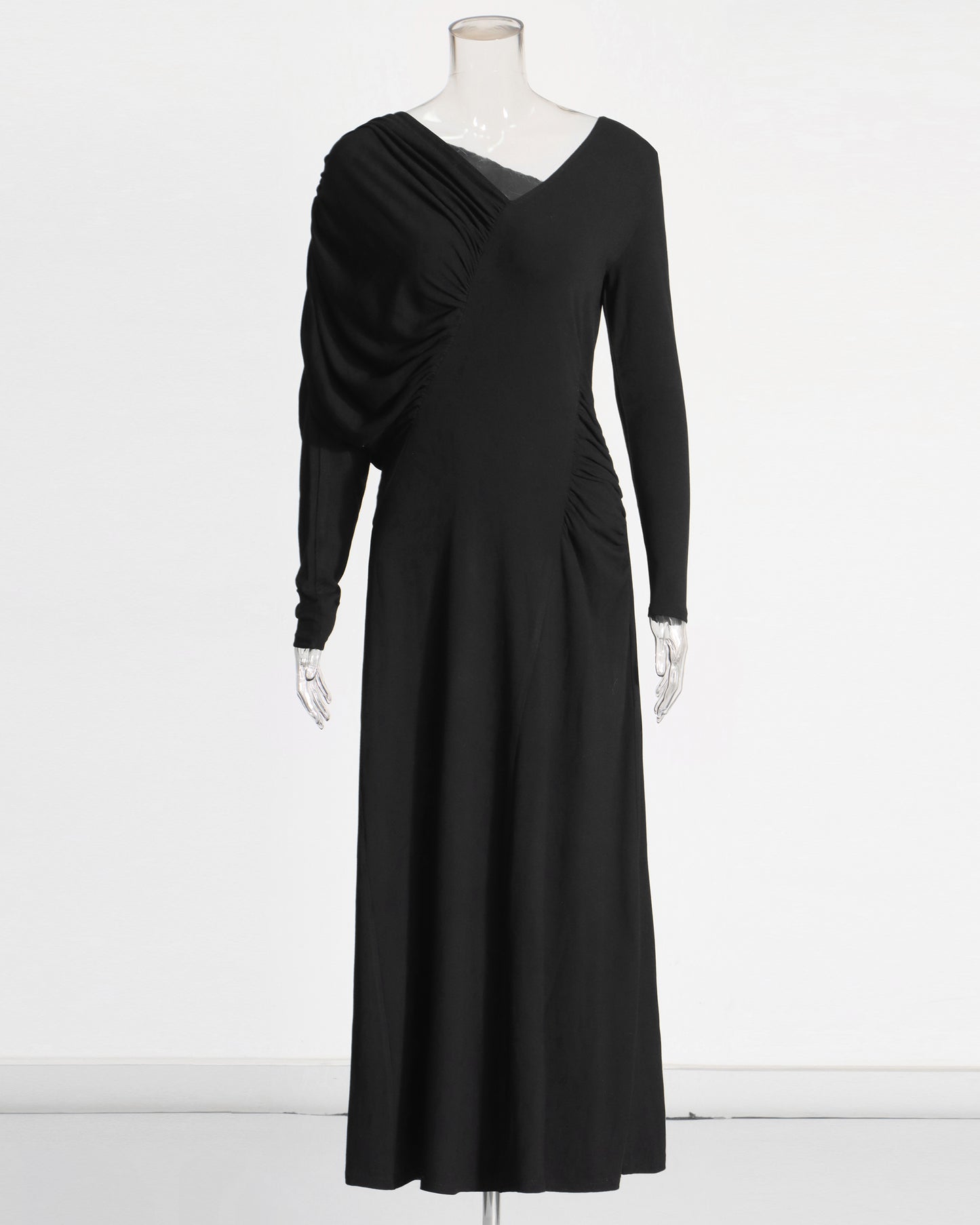 Black Maxi Dress with Ruched Shoulder & V-Neck