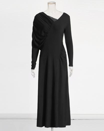 Black Maxi Dress with Ruched Shoulder & V-Neck