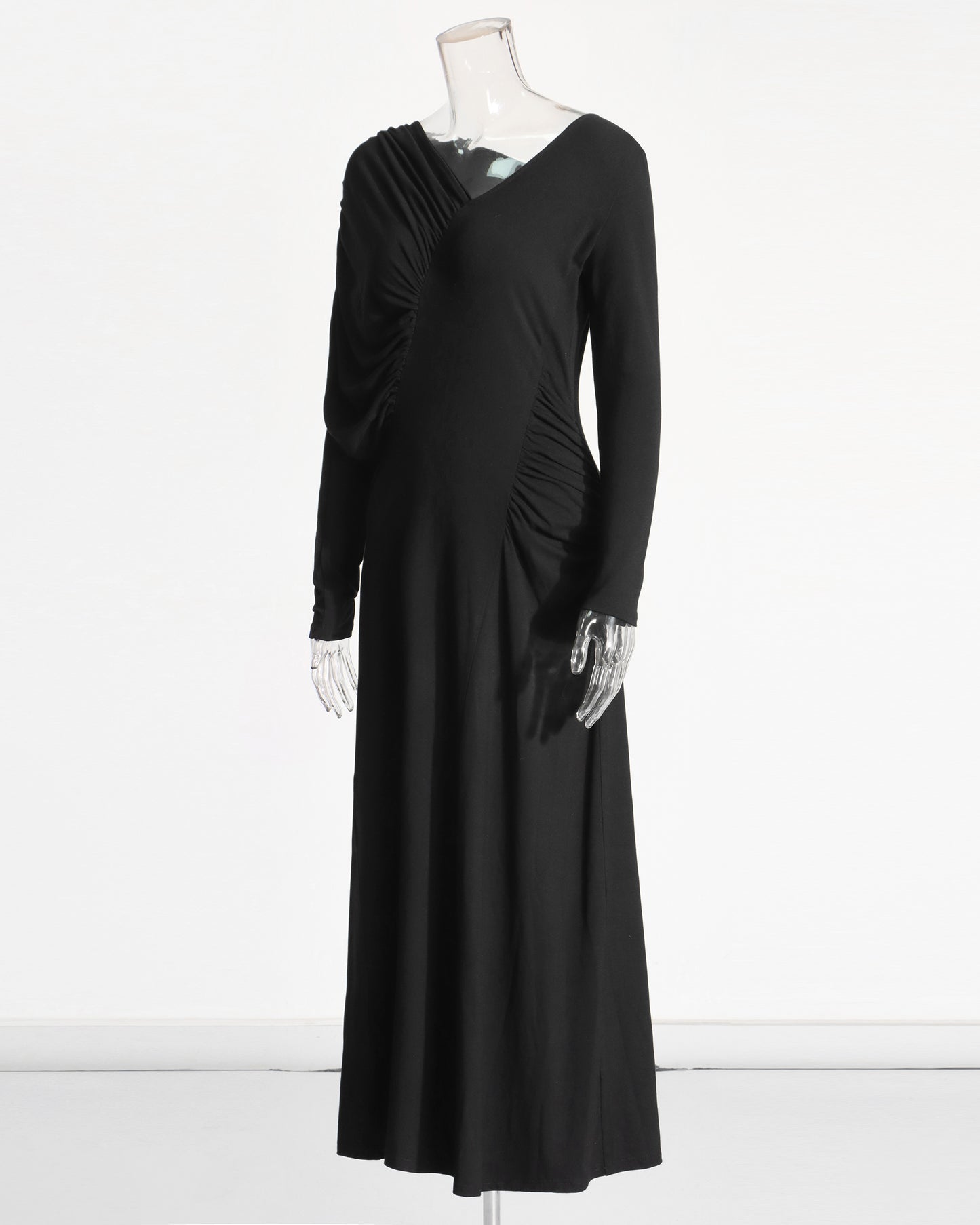 Black Maxi Dress with Ruched Shoulder & V-Neck
