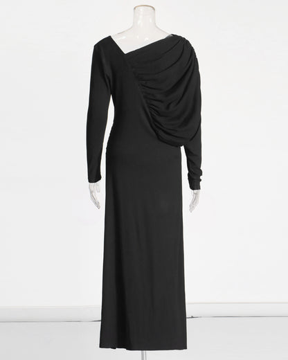 Black Maxi Dress with Ruched Shoulder & V-Neck