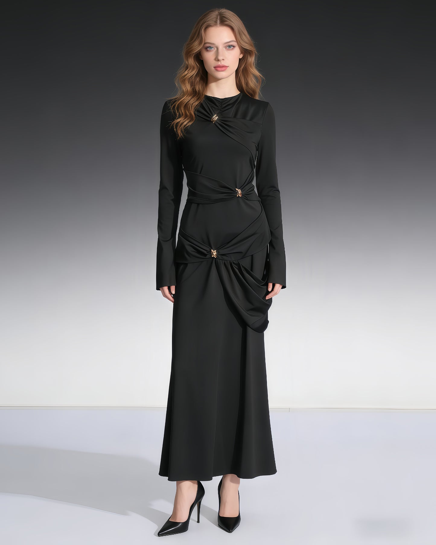 Black Maxi Dress with Twist & Gold Accents