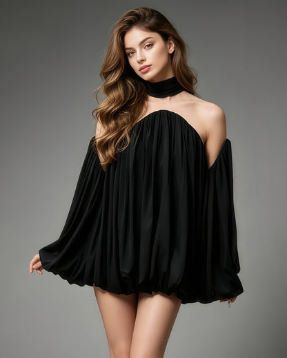 Black Mesh Insert Puff Sleeve Babydoll Top