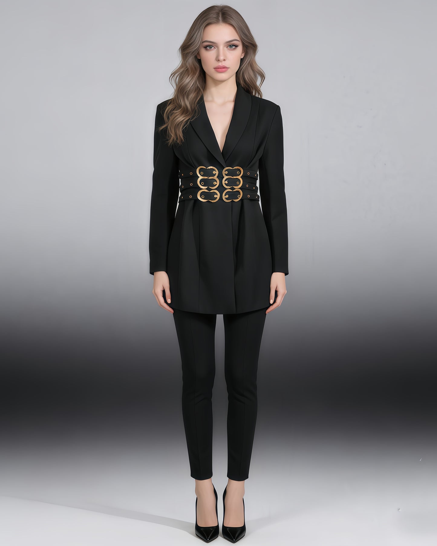 Black Metal Buckle Corset Blazer