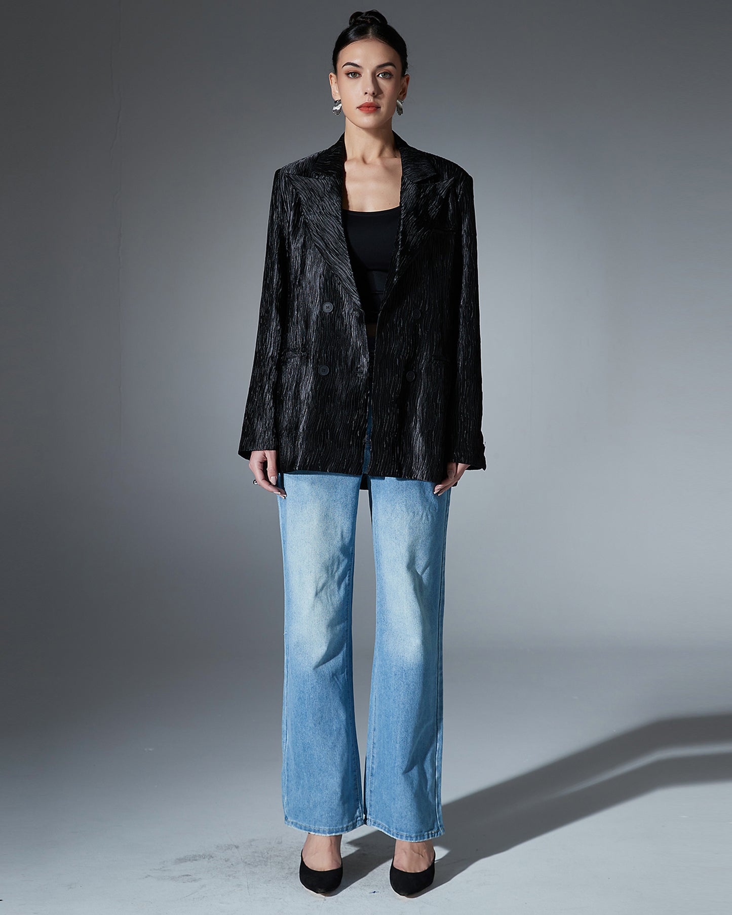 Black Metallic Double-Breasted Blazer