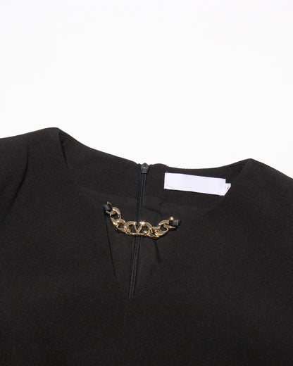 Black Midi Dress with 3D Roses & Chain Neckline