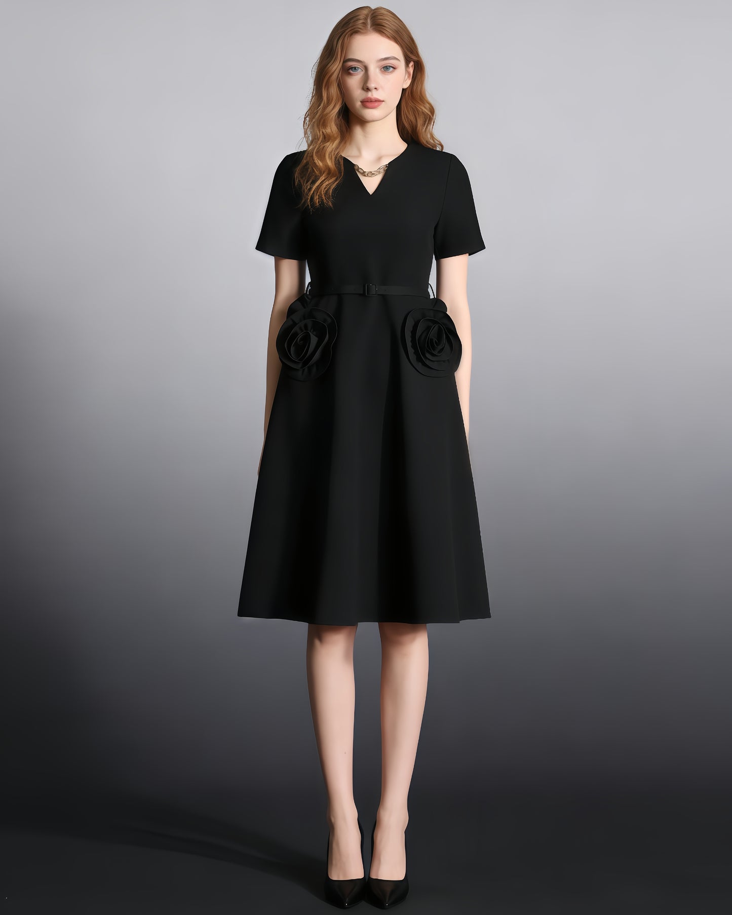 Black Midi Dress with 3D Roses & Chain Neckline