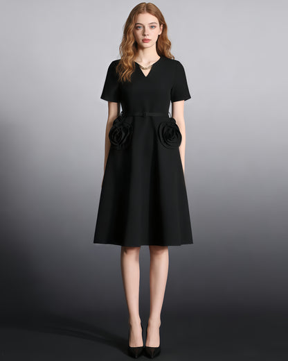 Black Midi Dress with 3D Roses & Chain Neckline