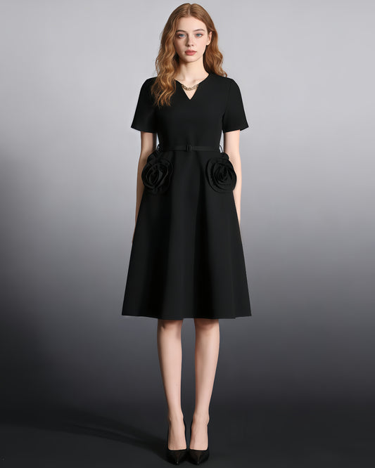 Black Midi Dress with 3D Roses & Chain Neckline