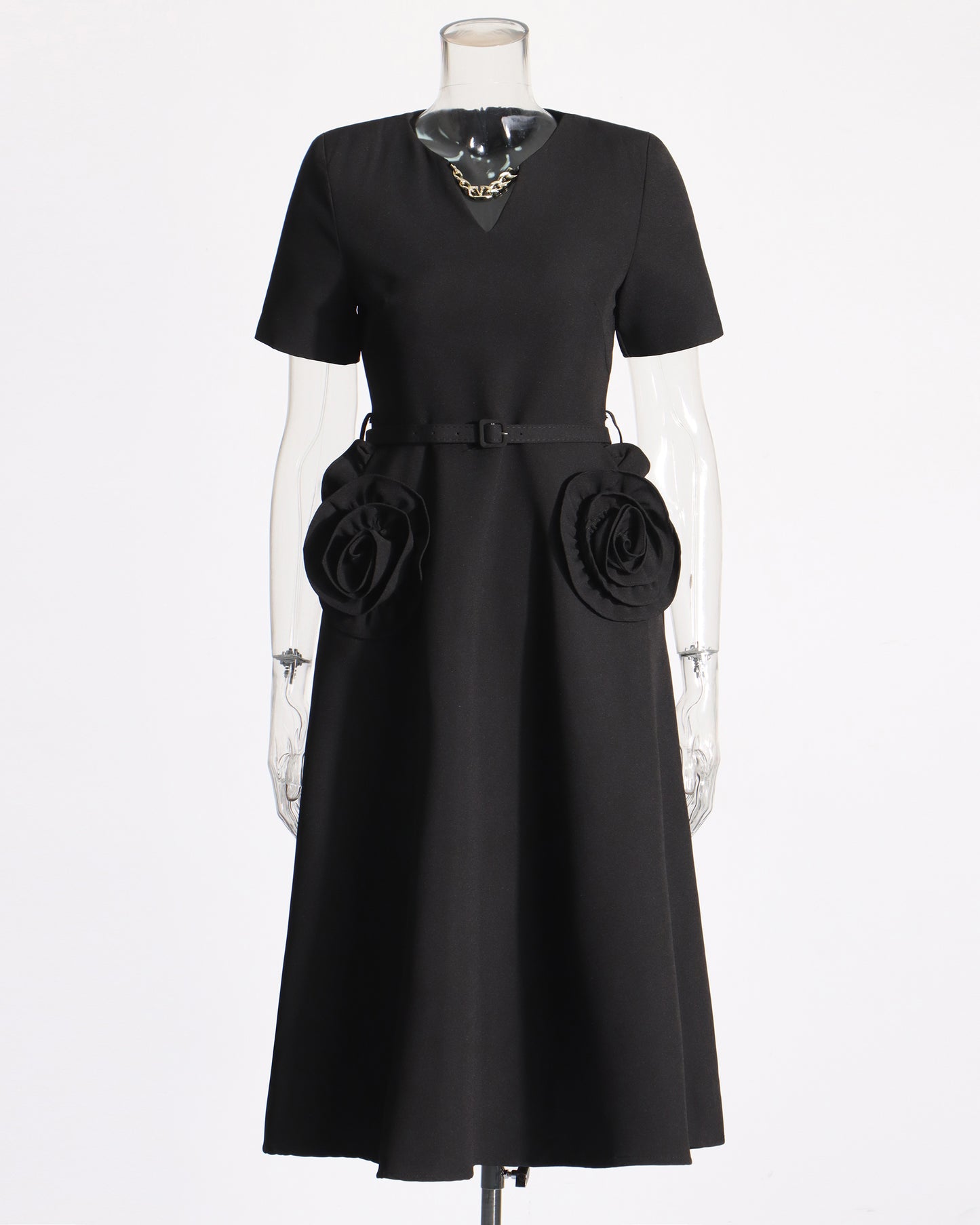Black Midi Dress with 3D Roses & Chain Neckline