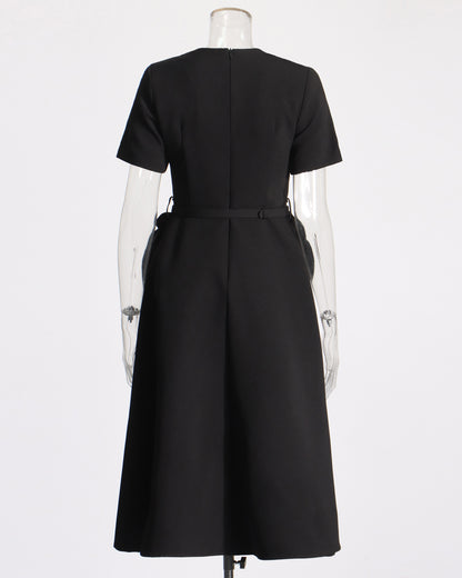 Black Midi Dress with 3D Roses & Chain Neckline