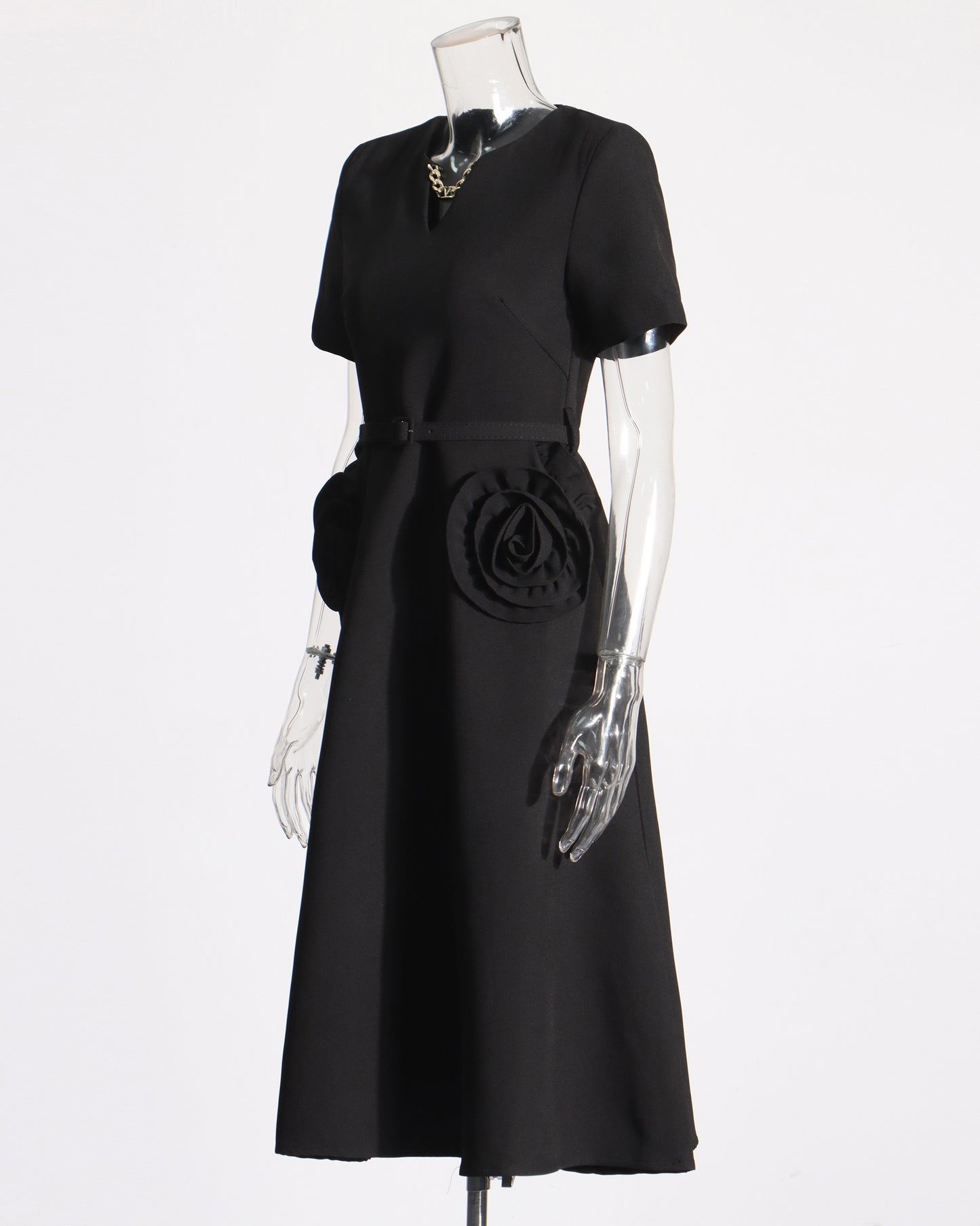 Black Midi Dress with 3D Roses & Chain Neckline
