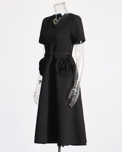 Black Midi Dress with 3D Roses & Chain Neckline
