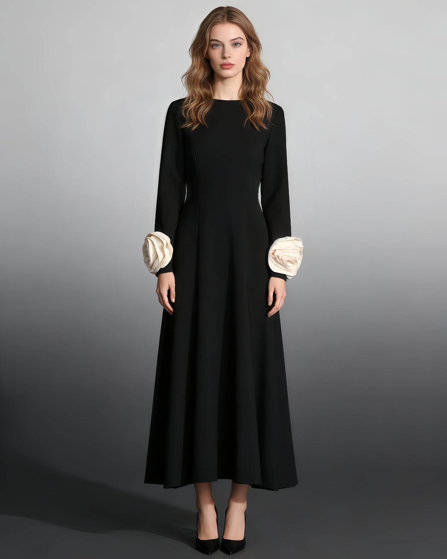 Black Midi Dress with Cream Bow Cuffs