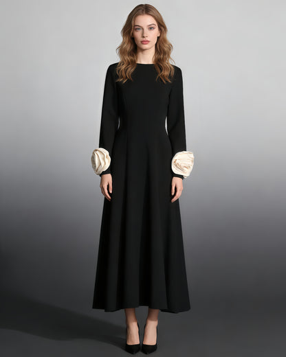 Black Midi Dress with Cream Bow Cuffs