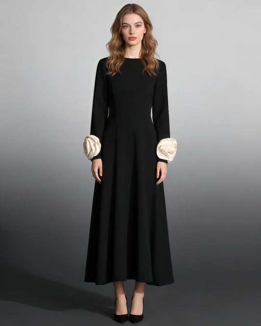 Black Midi Dress with Cream Bow Cuffs