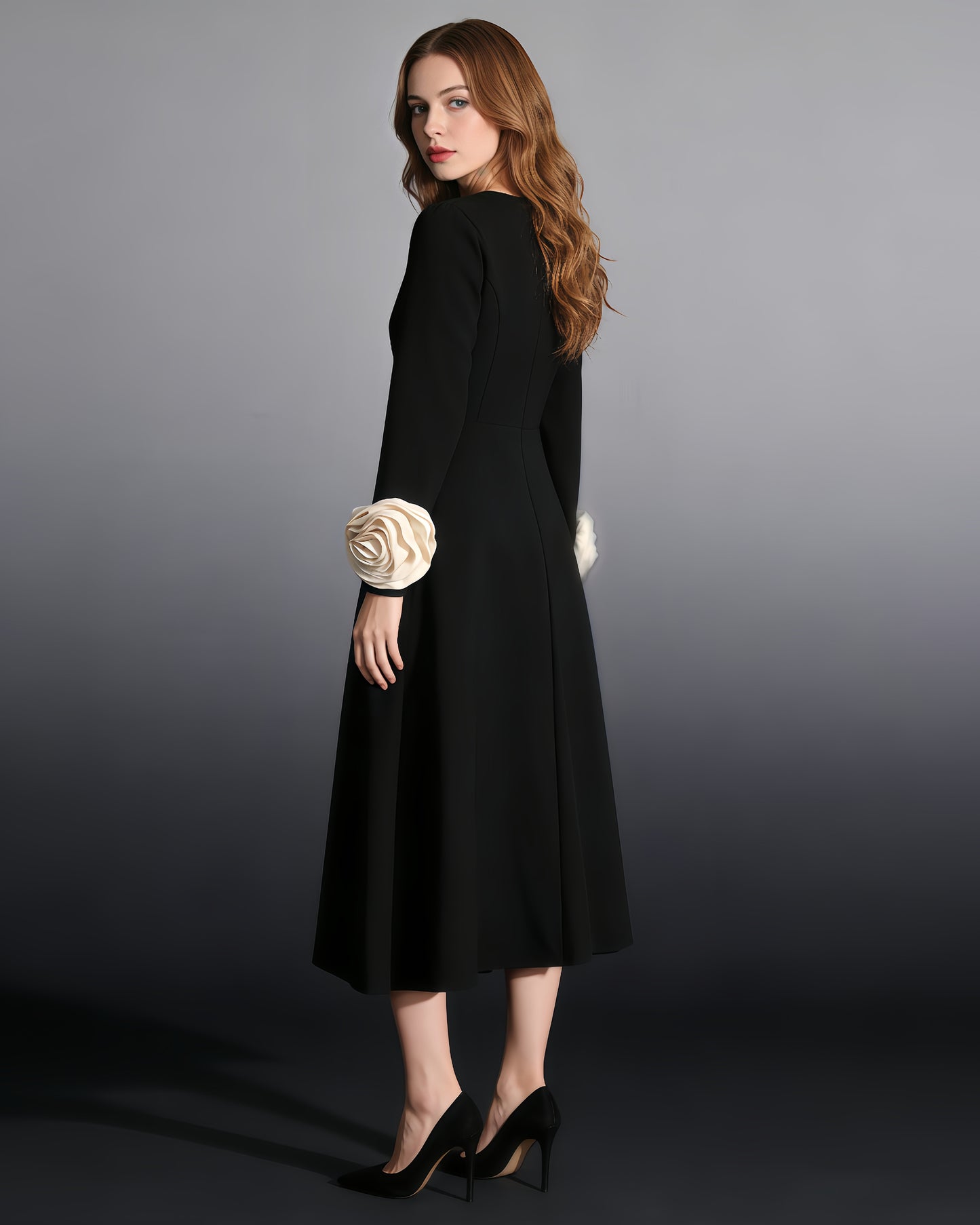 Black Midi Dress with Cream Bow Cuffs