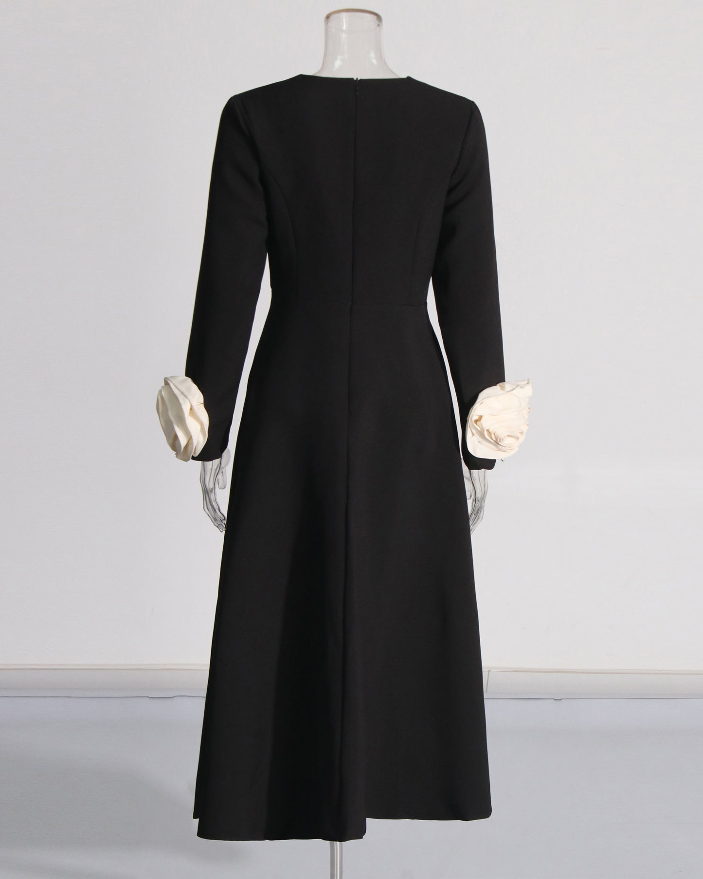 Black Midi Dress with Cream Bow Cuffs