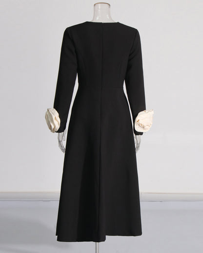 Black Midi Dress with Cream Bow Cuffs