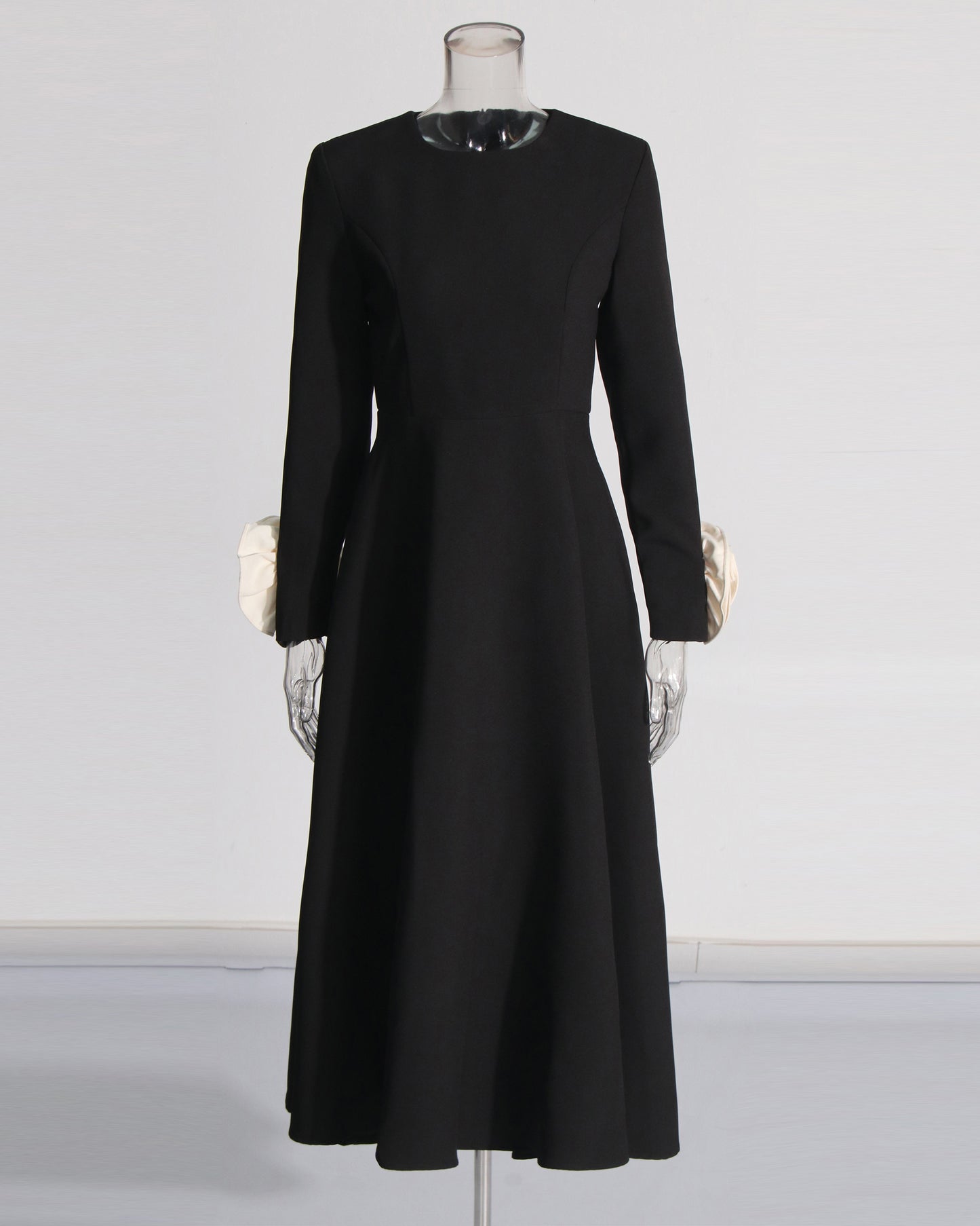 Black Midi Dress with Cream Bow Cuffs