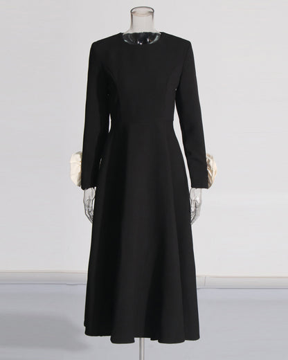 Black Midi Dress with Cream Bow Cuffs