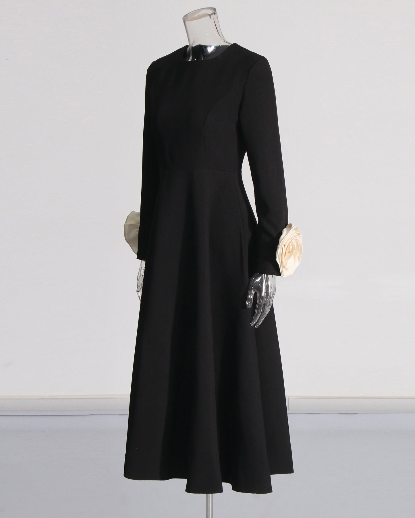 Black Midi Dress with Cream Bow Cuffs