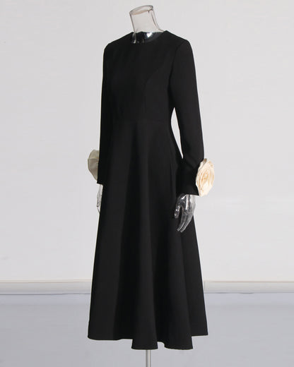 Black Midi Dress with Cream Bow Cuffs