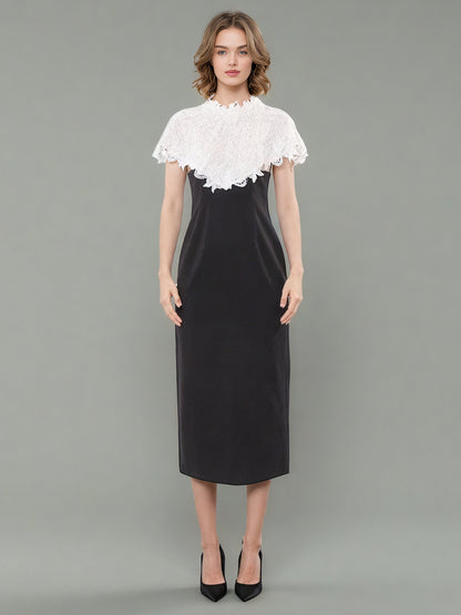 Black Midi Dress with White Lace Capelet Set