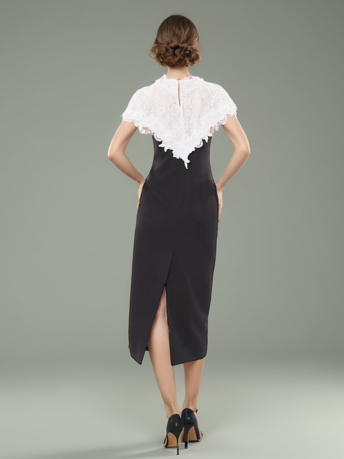 Black Midi Dress with White Lace Capelet Set