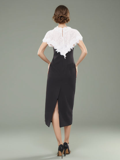 Black Midi Dress with White Lace Capelet Set