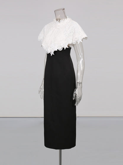 Black Midi Dress with White Lace Capelet Set