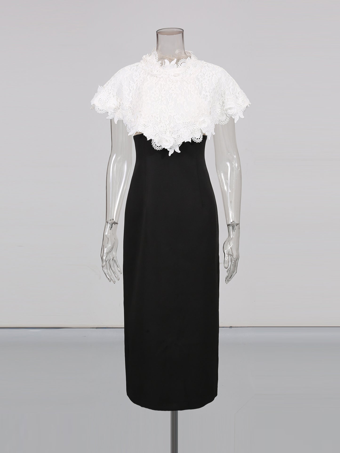 Black Midi Dress with White Lace Capelet Set