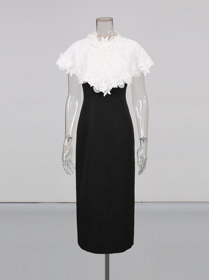 Black Midi Dress with White Lace Capelet Set