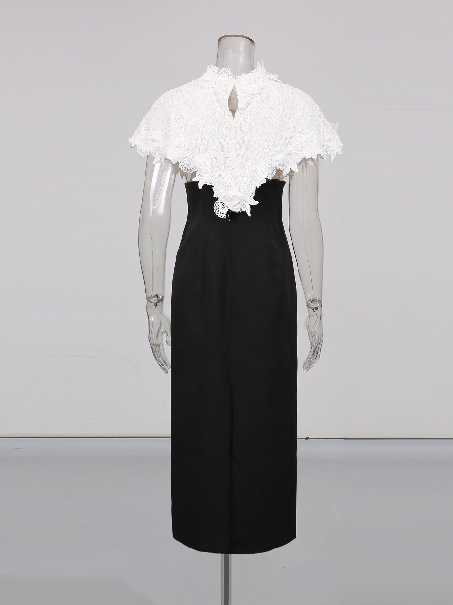 Black Midi Dress with White Lace Capelet Set