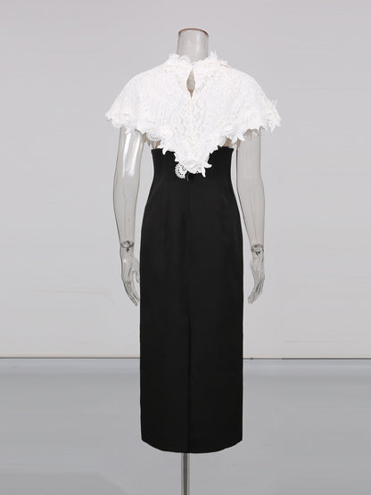 Black Midi Dress with White Lace Capelet Set