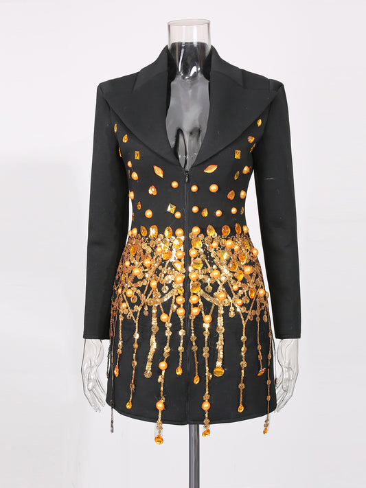 Black Mini Dress with Gold Rhinestone & Fringe Embellishments
