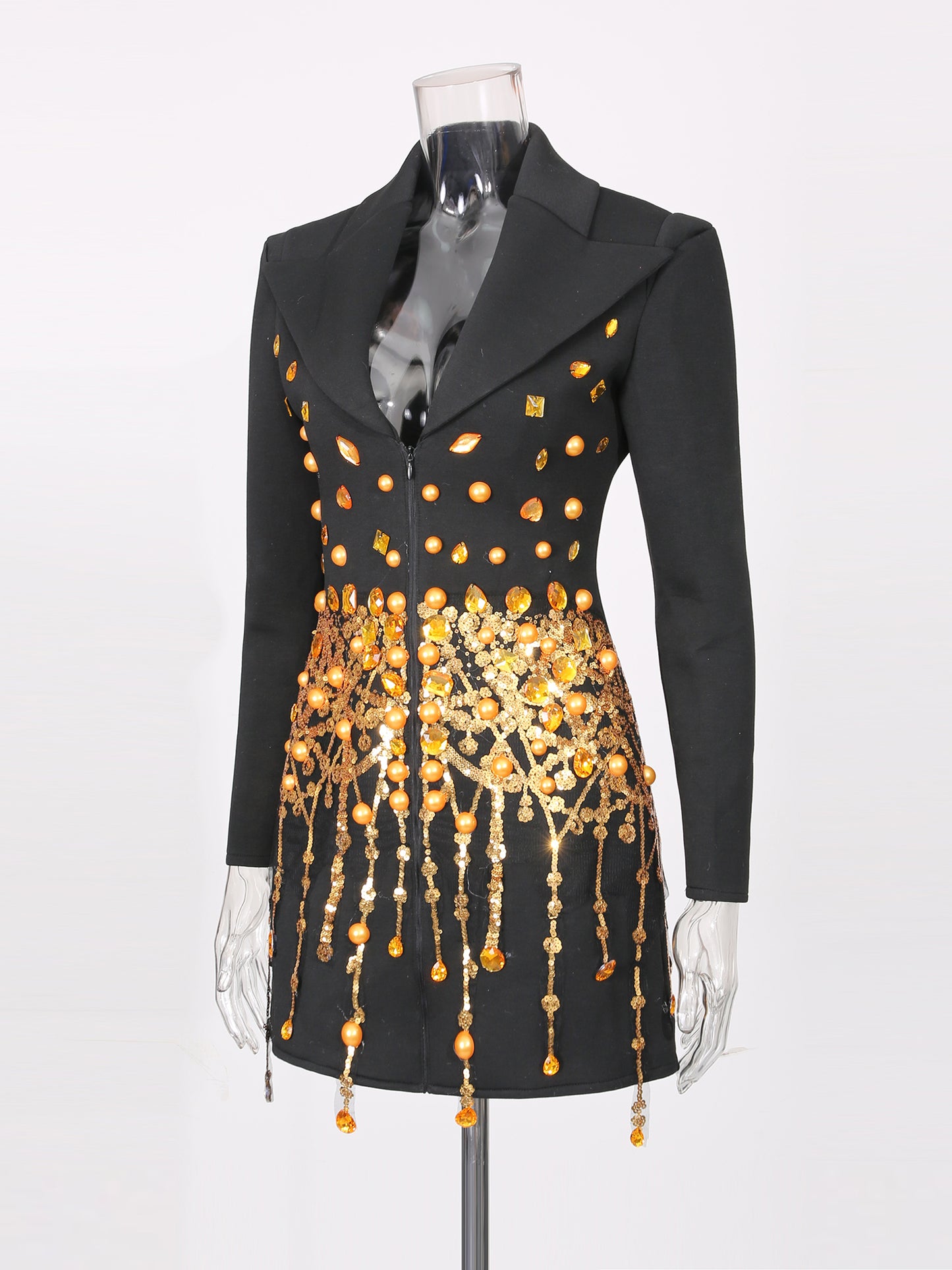 Black Mini Dress with Gold Rhinestone & Fringe Embellishments
