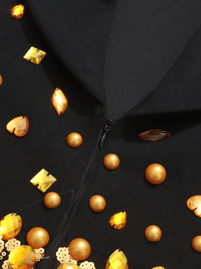 Black Mini Dress with Gold Rhinestone & Fringe Embellishments