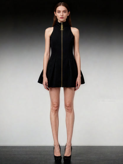 Black Mini Dress with Gold Zipper & High Neck Detail