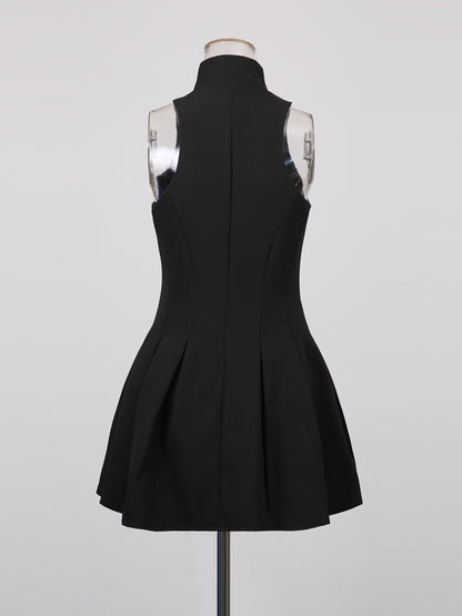 Black Mini Dress with Gold Zipper & High Neck Detail