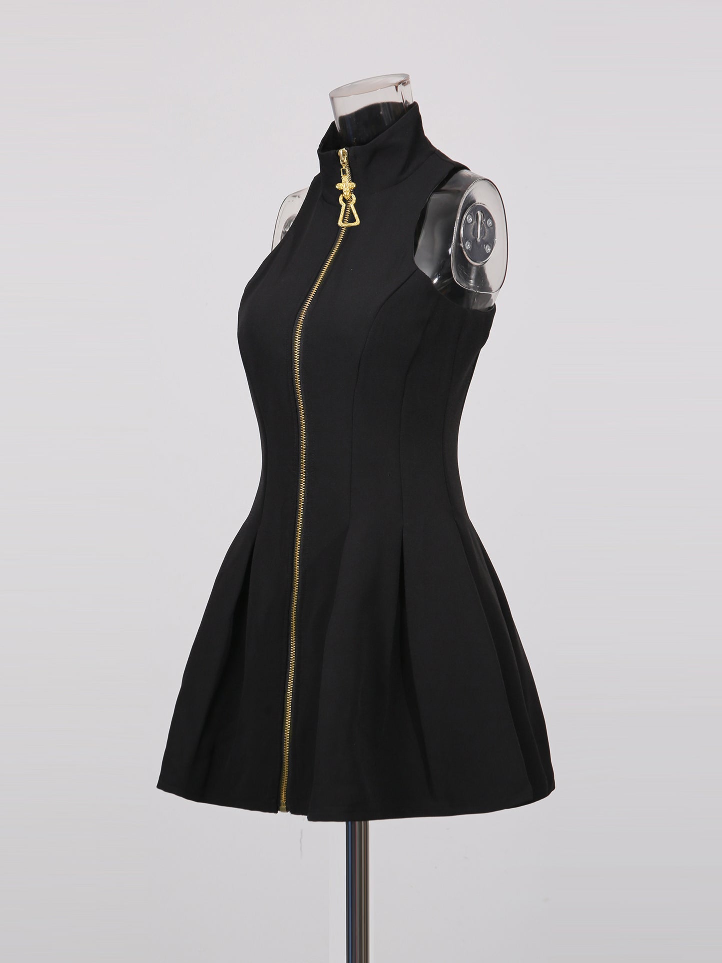 Black Mini Dress with Gold Zipper & High Neck Detail