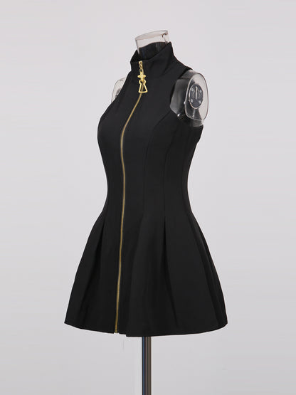 Black Mini Dress with Gold Zipper & High Neck Detail