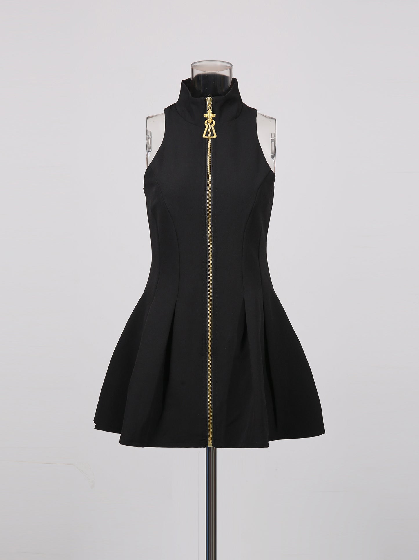 Black Mini Dress with Gold Zipper & High Neck Detail