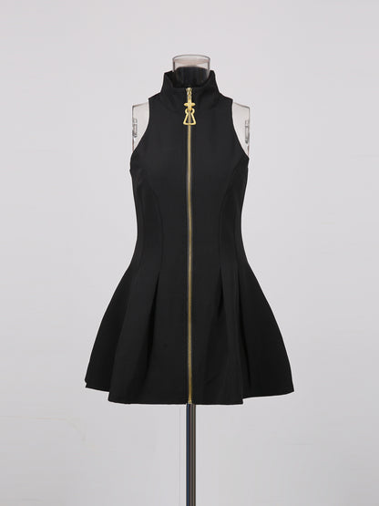 Black Mini Dress with Gold Zipper & High Neck Detail