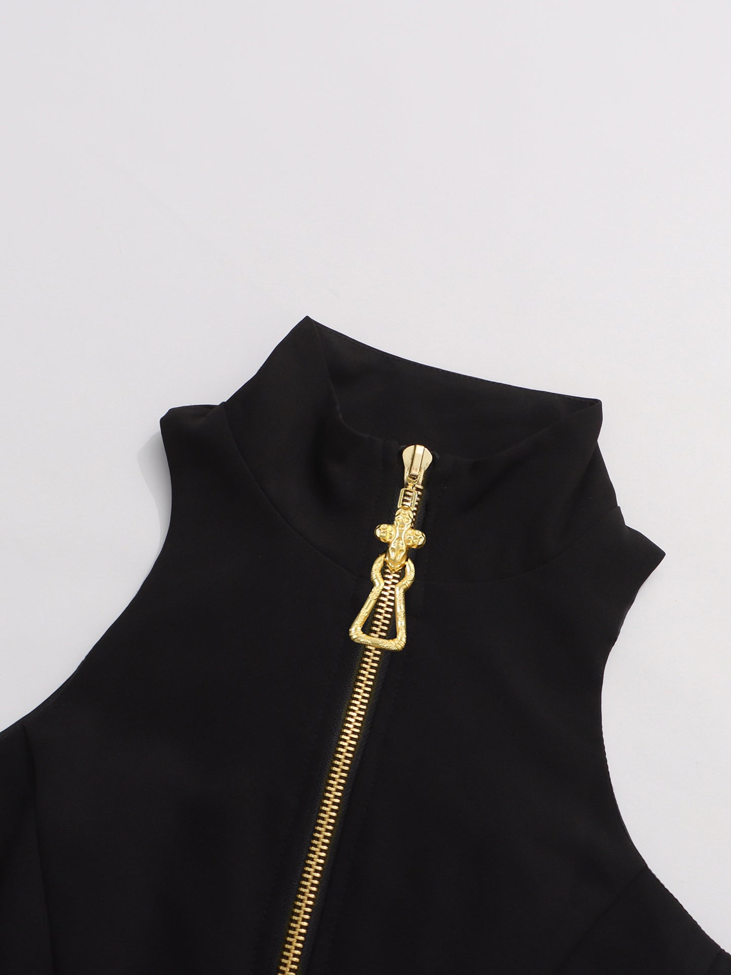 Black Mini Dress with Gold Zipper & High Neck Detail